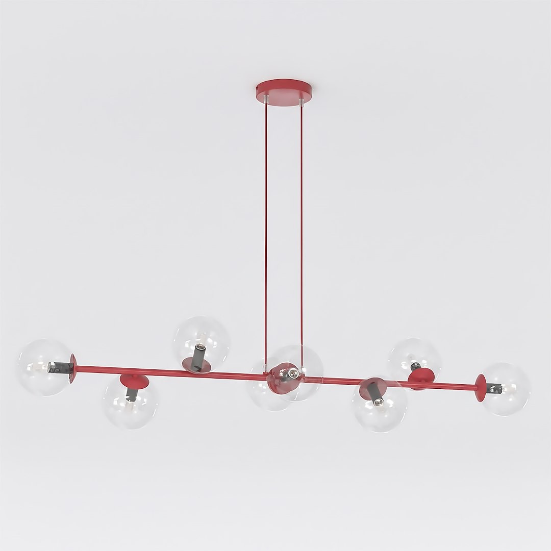 Lampa wisząca Magnus 8xE14 w kolorze burgundowym z transparentnymi kloszami. Ułożona poziomo, z sześcioma żarówkami na metalowej ramie. Okrągła podsufitka w tym samym kolorze. Prosty, nowoczesny design.