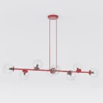Lampa wisząca Magnus 8xE14 w kolorze burgundowym z transparentnymi kloszami. Ułożona poziomo, z sześcioma żarówkami na metalowej ramie. Okrągła podsufitka w tym samym kolorze. Prosty, nowoczesny design.