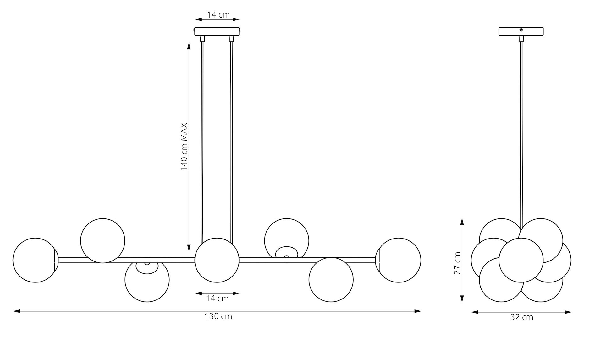 Lampa wisząca Magnus 8xE14 w kolorze burgundowym i transparentnym. Posiada osiem kulistych kloszy na metalowej ramie. Wymiary: długość 130 cm, wysokość 27 cm, maksymalna wysokość 140 cm. Montaż sufitowy, minimalistyczny design.