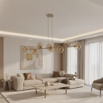Lampa wisząca Magnus z 8 kloszami E14 w kolorze mokka i bursztynowym, zawieszona na cienkich linkach, umieszczona w nowoczesnym wnętrzu z jasnym tłem, obok kanapy i stołu. Klosze mają okrągły kształt i przezroczystą fakturę.