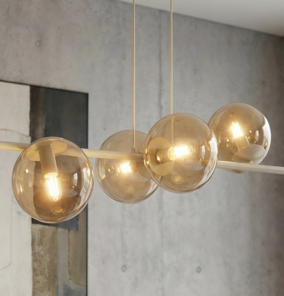 Lampa wisząca Magnus w kolorze mokka/bursztyn, z ośmioma kulistymi kloszami, zawieszona na prostym, białym stelażu. Klosze mają przezroczystą, lekko złotawą fakturę, emitując ciepłe światło. Ujęcie z bliska, skupiające się na detalach lampy.
