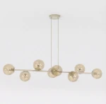 Lampa wisząca Magnus z ośmioma kloszami E14 w kolorze mokka i bursztynowym, o nowoczesnym designie. Klosze w kształcie kul w równych odstępach na metalowej konstrukcji, zawieszone na długich linkach. Proste tło.