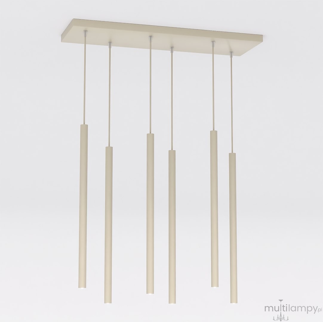 Lampa wisząca Selter 6xG9 w kolorze mokka z sześcioma cylindrycznymi kloszami zawieszonymi na cienkich linkach. Ułożona poziomo pod sufitem, minimalistyczny design, idealna do nowoczesnych wnętrz.