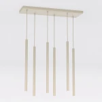 Lampa wisząca Selter 6xG9 w kolorze mokka z sześcioma cylindrycznymi kloszami zawieszonymi na cienkich linkach. Ułożona poziomo pod sufitem, minimalistyczny design, idealna do nowoczesnych wnętrz.