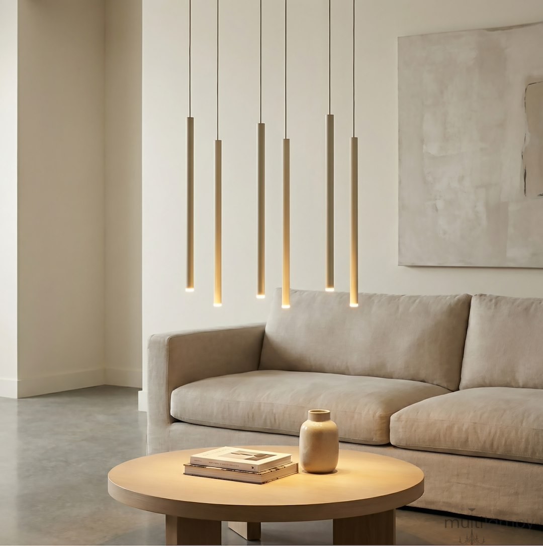 Lampa wisząca Selter 6xG9 w kolorze mokka, składająca się z sześciu długich, prostokątnych elementów emitujących ciepłe światło. Zawieszona nad okrągłym drewnianym stolikiem w nowoczesnym wnętrzu z szarym sofą i dekoracyjnym wazonem.