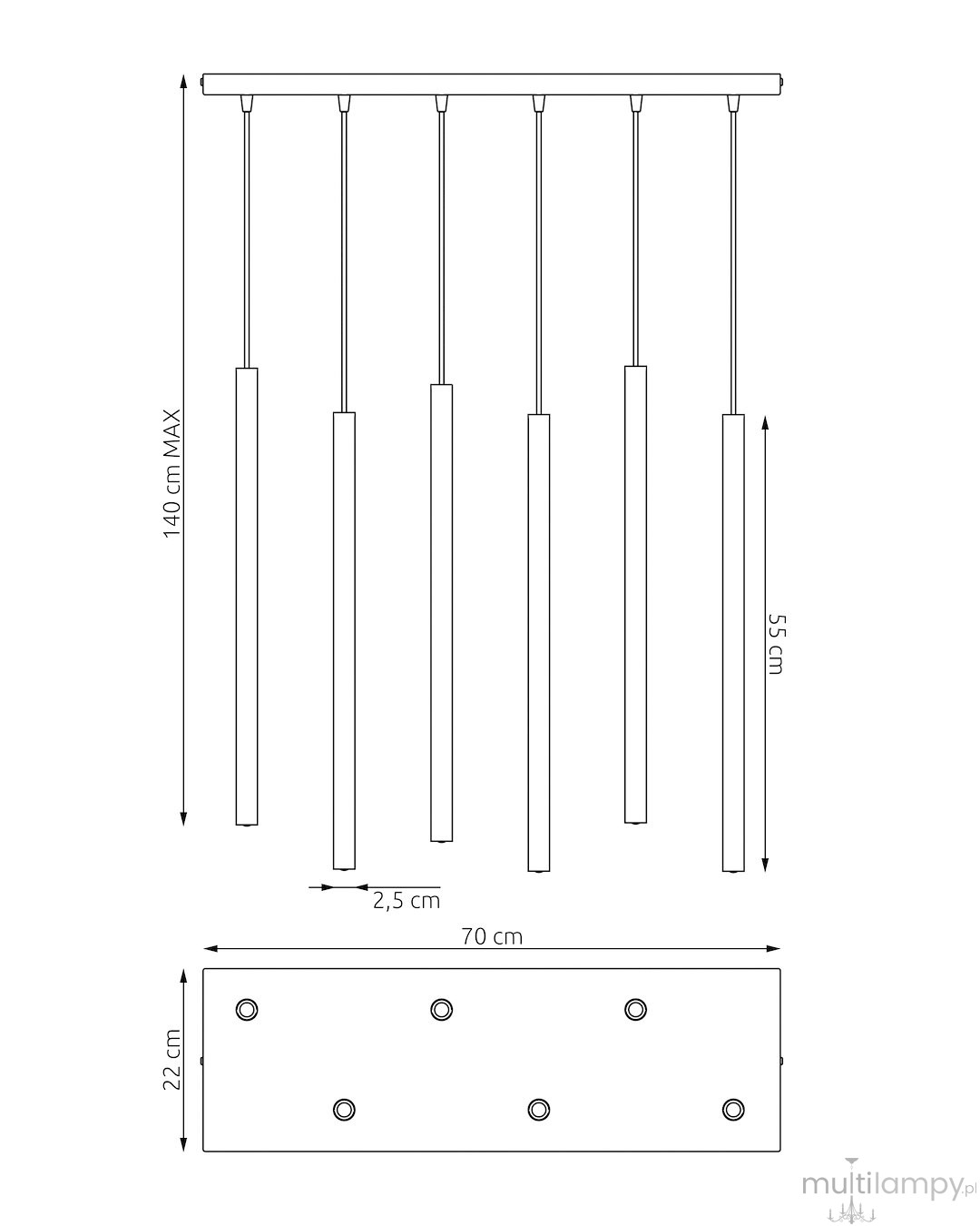 Lampa wisząca Selter 6xG9 w kolorze mokka, z pięcioma długimi kloszami. Kąt ujęcia frontalny, pokazuje wymiary: 70 cm szerokości, 22 cm głębokości, z długością max. 140 cm. Prosta konstrukcja, idealna do nowoczesnych wnętrz.