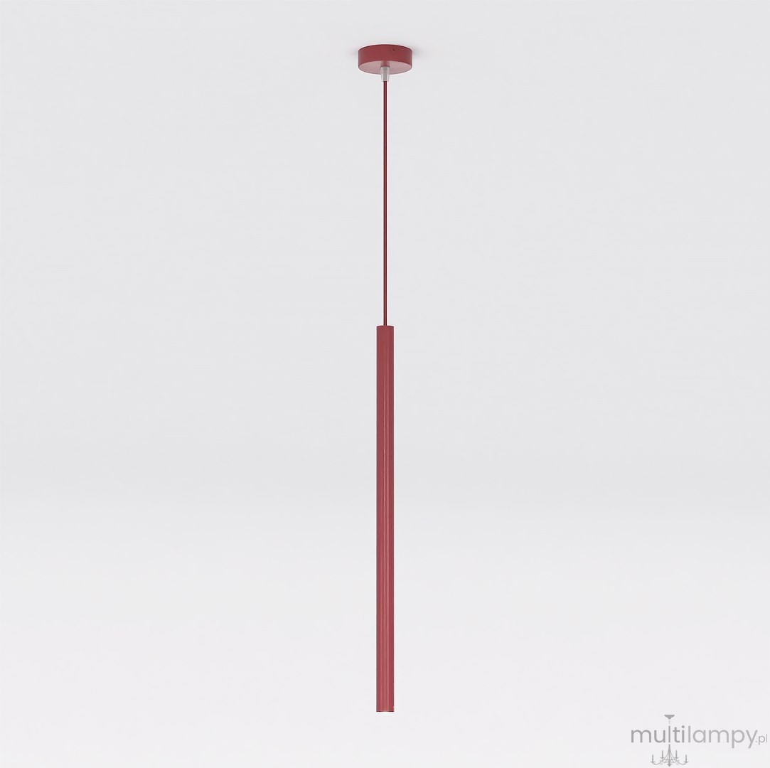 Lampa wisząca Selter 1xG9 w kolorze burgundowym, w formie smukłego, prostokątnego słupka. Produkt zawieszony na cienkim kablu, z okrągłą podsufitką. Tło białe, co podkreśla kolor lampy.