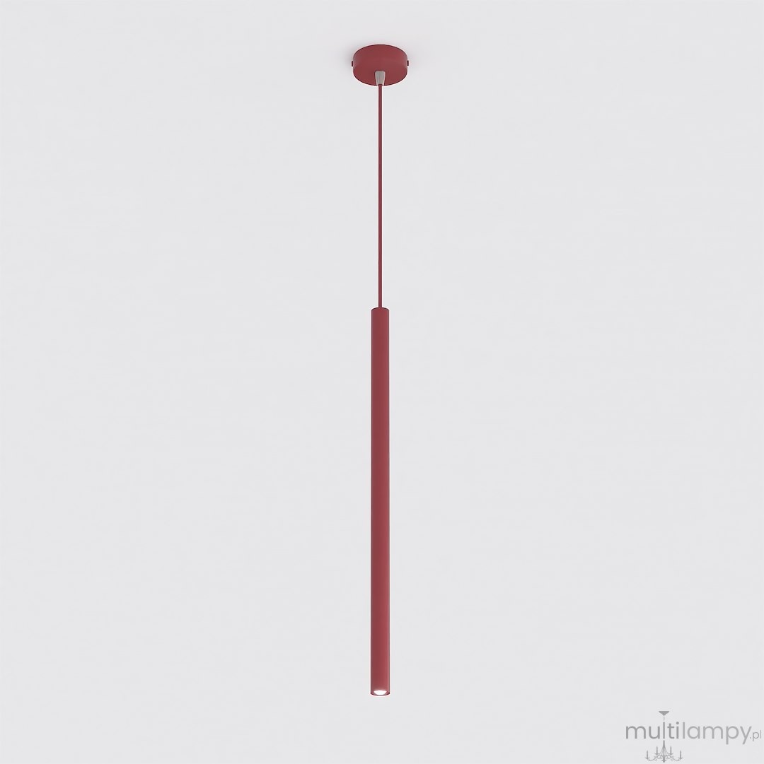 Lampa wisząca Selter 1xG9 w kolorze burgundowym, o cylindrycznym kształcie, zawieszona na cienkim przewodzie. Minimalistyczny design, idealna do nowoczesnych wnętrz. Widoczny punkt świetlny u dołu. Tło jasne, jednolite.