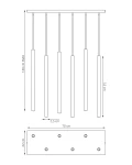 Lampa wisząca Selter 6xG9 w kolorze burgundowym o wymiarach 70 cm szerokości i 22 cm wysokości. Składa się z sześciu prostokątnych, wiszących elementów, zawieszonych na cienkich linkach. Maksymalna wysokość montażu to 140 cm.