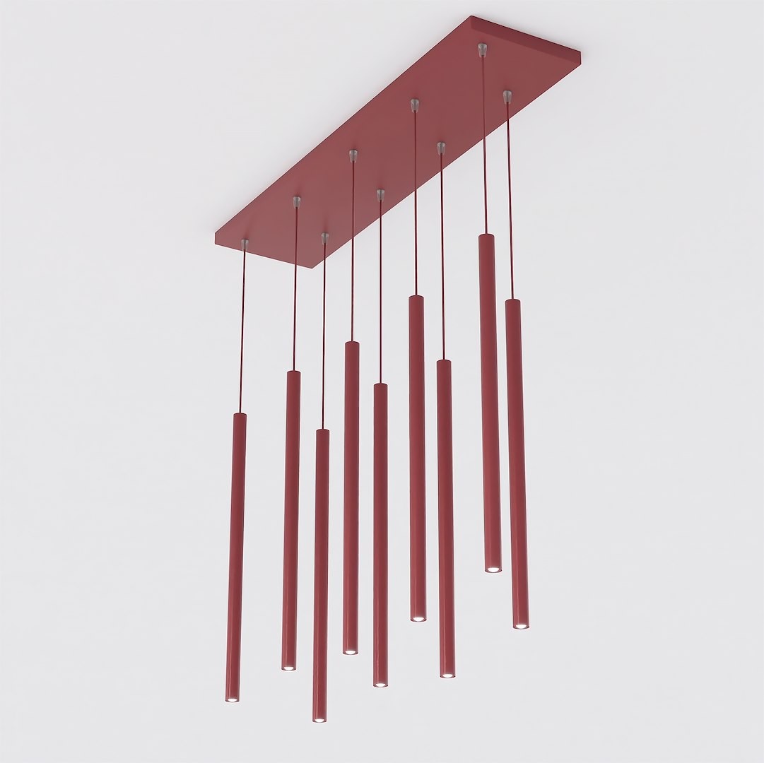 Lampa wisząca Selter w kolorze burgundowym, z ośmioma długimi, cylindrycznymi kloszami zawieszonymi na cienkich linkach. Montaż sufitowy, minimalistyczny design, idealna do nowoczesnych wnętrz.