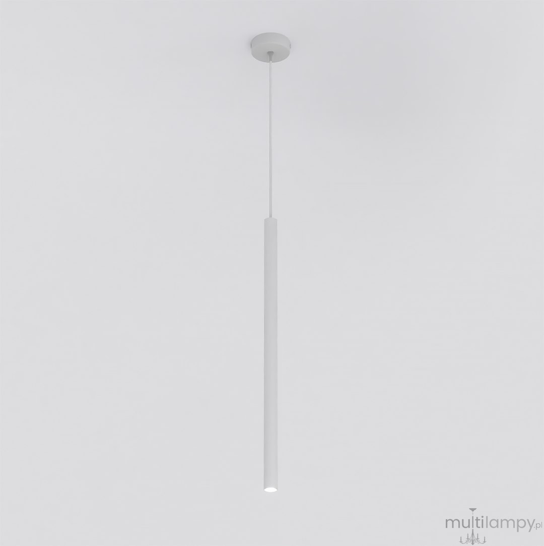 Lampa wisząca Selter 1xG9 w kolorze szarym, o prostym, cylindrycznym kształcie. Wisi na cienkim przewodzie z sufitu. Wykończenie matowe, z pojedynczym źródłem światła na końcu. Tło jednolite, białe. Idealna do nowoczesnych aranżacji wnętrz.
