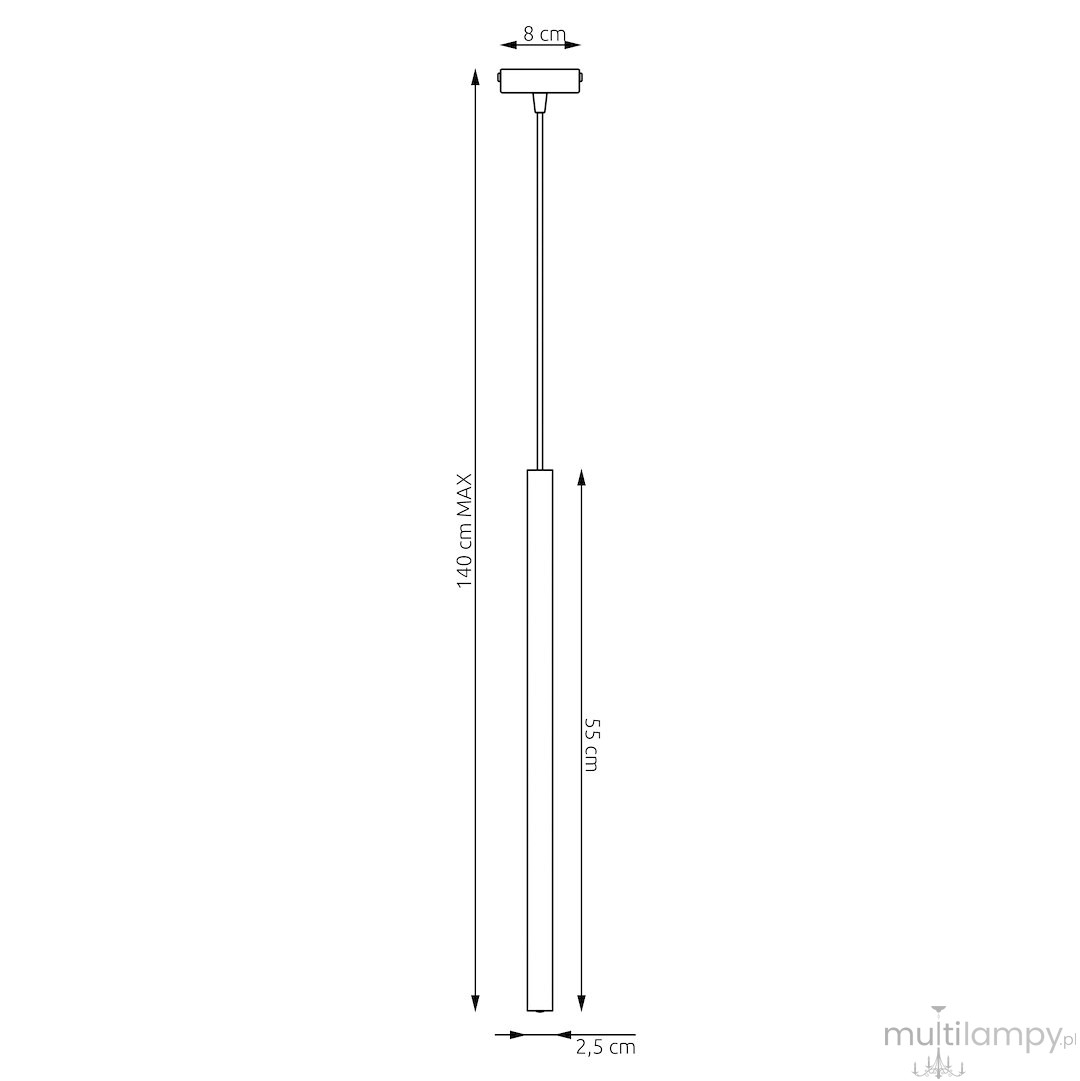 Lampa wisząca Selter w szarym kolorze z oprawą na jedną żarówkę G9. Ma prostokątny kształt, długość 55 cm i średnicę 2,5 cm, zawieszona na cienkim przewodzie o maksymalnej długości 140 cm. Klasyczny design, idealna do nowoczesnych wnętrz.