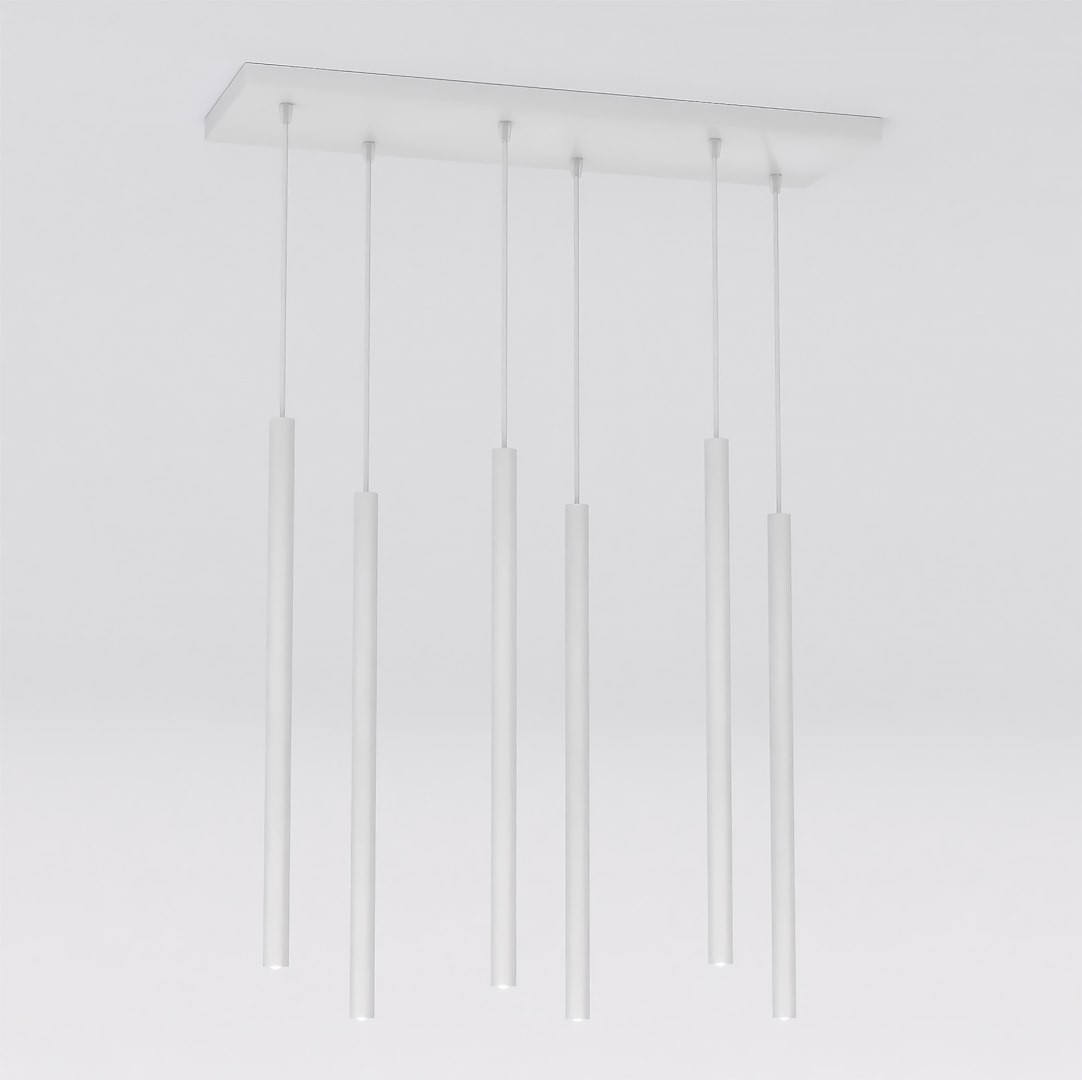 Lampa wisząca Selter 6xG9 w kolorze szarym, składająca się z sześciu prostokątnych, wiszących elementów. Ułożona równolegle pod prostokątnym, płaskim sufitem. Prosta, minimalistyczna forma, idealna do nowoczesnych wnętrz.