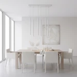 Lampa wisząca Selter 6xG9 w kolorze szarym, z sześcioma cylindrycznymi kloszami, zawieszona na prostokątnej podstawie. Lampa umieszczona nad stołem w nowoczesnej jadalni, z białymi krzesłami i minimalistycznym otoczeniem.