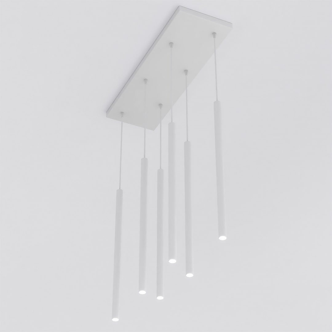 Lampa wisząca Selter w kolorze szarym z sześcioma cylindrycznymi źródłami światła G9. Umieszczona na prostokątnej, białej podstawie, zwisająca na cienkich linkach. Prosty, nowoczesny design, idealna do aranżacji wnętrz.