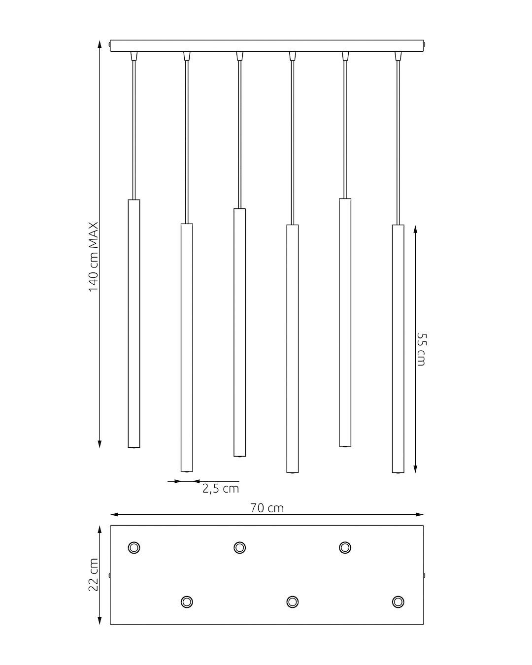 Lampa wisząca Selter 6xG9 w kolorze szarym, z sześcioma prostokątnymi kloszami zawieszonymi na cienkich linkach. Wymiary: 70 cm długości, 22 cm szerokości, wysokość regulowana do 140 cm. Nowoczesny design idealny do aranżacji wnętrz.