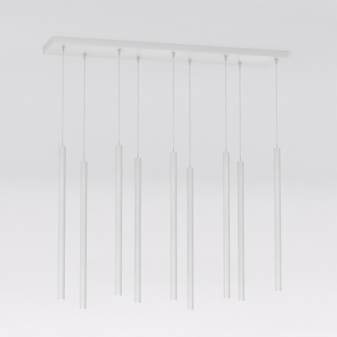 Lampa wisząca Selter 9xG9 w kolorze szarym, składająca się z dziewięciu prostokątnych, wiszących kloszy. Klosze są umieszczone na białym, prostokątnym stelażu, zawieszone na cienkich linkach, tworząc nowoczesny design.