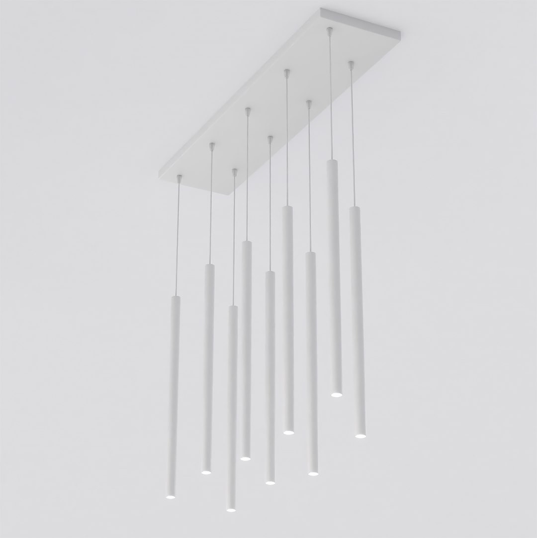 Lampa wisząca Selter 9xG9 w kolorze szarym, składająca się z dziewięciu cylindrycznych źródeł światła zawieszonych na cienkich linkach. Uchwyt sufitowy w prostokątnym kształcie, minimalistyczny design, idealna do nowoczesnych wnętrz.