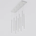 Lampa wisząca Selter 9xG9 w kolorze szarym, składająca się z dziewięciu cylindrycznych źródeł światła zawieszonych na cienkich linkach. Uchwyt sufitowy w prostokątnym kształcie, minimalistyczny design, idealna do nowoczesnych wnętrz.