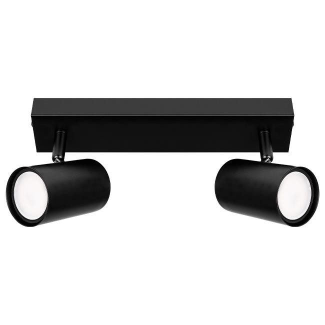 Lampa sufitowa Richi w kolorze czarnym, z dwoma okrągłymi reflektorami na ruchomej podstawie. Ułożona poziomo, z widocznymi gniazdami na żarówki typu GU10. Prosty, nowoczesny design, idealna do oświetlenia wnętrz.