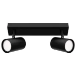 Lampa sufitowa Richi w kolorze czarnym, z dwoma okrągłymi reflektorami na ruchomej podstawie. Ułożona poziomo, z widocznymi gniazdami na żarówki typu GU10. Prosty, nowoczesny design, idealna do oświetlenia wnętrz.