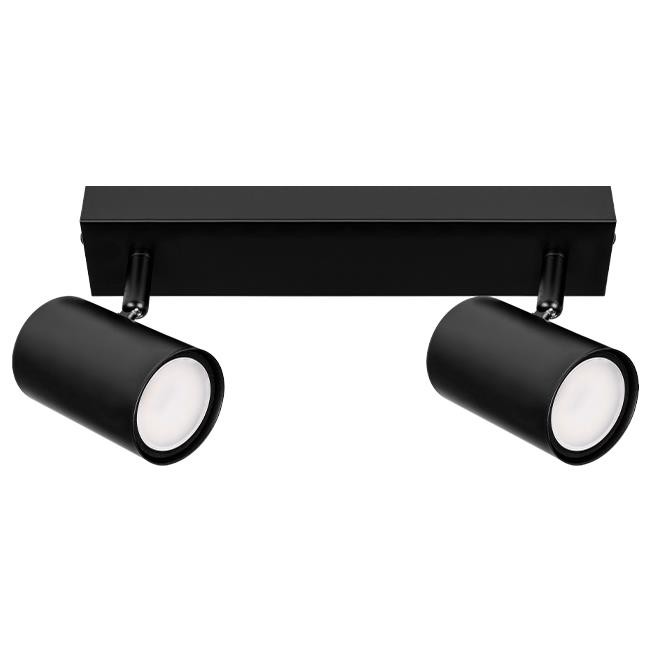 Czarna lampa sufitowa Richi z dwoma spotami na żarówki GU10. Posiada prostokątną podstawę i cylindryczne klosze, skierowane w różnych kierunkach. Montowana na suficie, idealna do oświetlenia wnętrz.