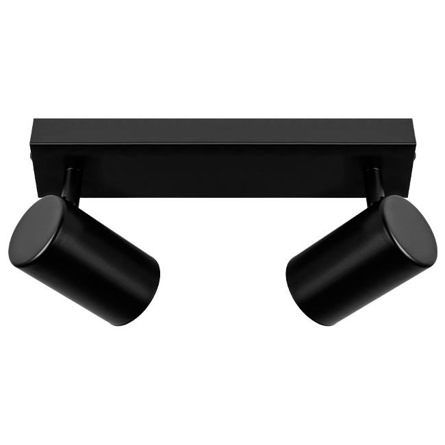 Richi lampa sufitowa spot z dwoma reflektorami GU10 w kolorze czarnym, zamontowana na prostokątnej podstawie. Reflektory mają cylindryczny kształt i są ustawione pod kątem, co umożliwia kierunkowe oświetlenie.