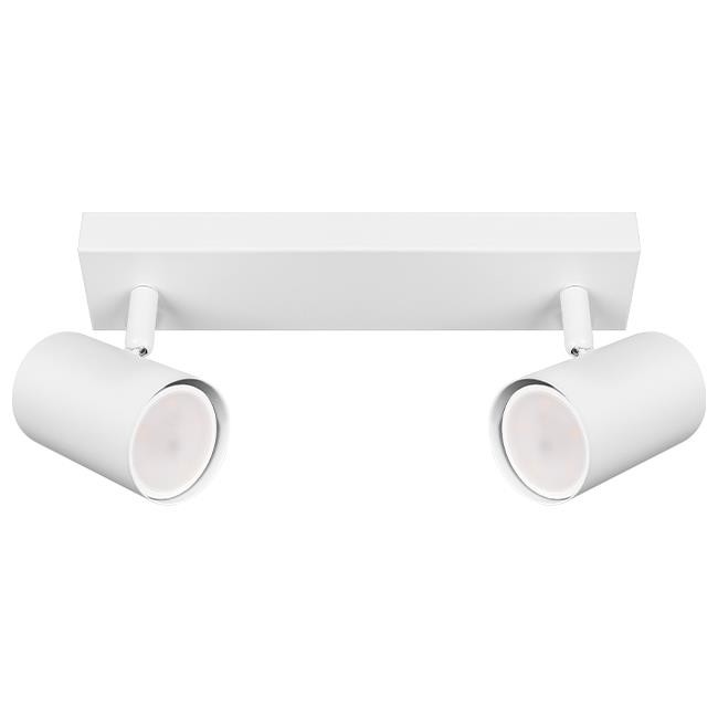 Biała lampa sufitowa Richi z dwoma reflektorami GU10. Prosty, prostokątny montaż z dwiema cylindrycznymi głowicami, skierowanymi w różnych kierunkach. Idealna do oświetlenia wnętrz.