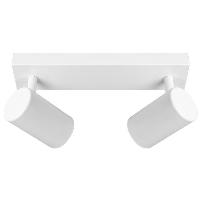 Lampa sufitowa Richi w kolorze białym z dwoma ruchomymi punktami świetlnymi typu GU10. Ujęcie frontalne, produkt zamontowany na prostokątnej podstawie. Prosty, nowoczesny design, idealny do różnych wnętrz.