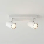 Biała lampa sufitowa Richi z dwoma reflektorami GU10. Reflektory w kształcie cylindrycznym, zamocowane na prostokątnej podstawie. Wykończenie matowe, z metalowym pierścieniem. Lampa zawieszona na białym tle, skierowana w dół.