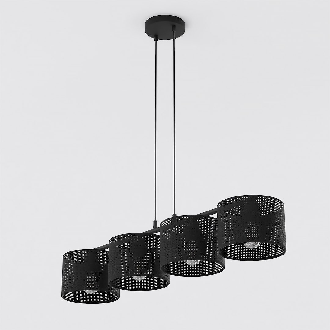 Lampa wisząca Lux 1670/4 z czterema abażurami w formie perforowanych cylindrów, zawieszona na czarnych linkach. Abażury są otwarte u dołu, co umożliwia wykorzystanie żarówek E27. Całość montowana do sufitu, na jednolitym tle.