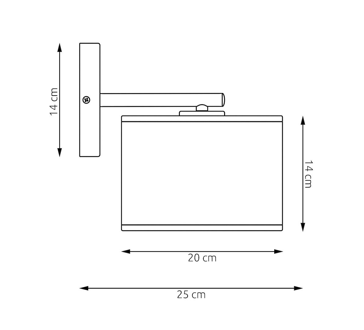 Kinkiet Lux E27 w kolorze czarnym, prostokątny klosz o wymiarach 20 cm x 14 cm, zamontowany na ścianie, z metalowym mocowaniem. Wysokość całkowita 25 cm. Idealny do oświetlenia wnętrz w stylu nowoczesnym.