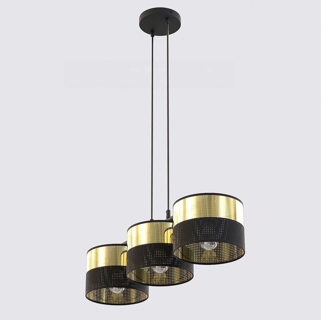 Lampa wisząca Lux 3xE27 w kolorze czarnym z złotymi elementami. Składa się z trzech okrągłych kloszy z perforacji, zawieszonych na cienkich linkach pod sufitem. Prosta, nowoczesna forma idealna do różnych wnętrz.