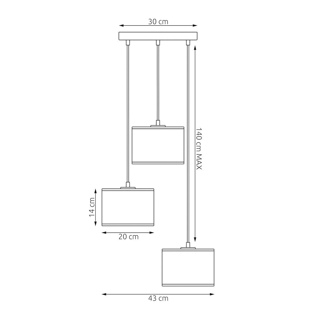 Lampa wisząca Lux 3xE27 w kolorze czarnym z złotymi detalami. Wymiary: szerokość 30 cm, wysokość maksymalna 140 cm, klosze o wysokości 14 cm i średnicy 20 cm, zawieszone na długich linkach. Prosta konstrukcja, idealna do nowoczesnych wnętrz.