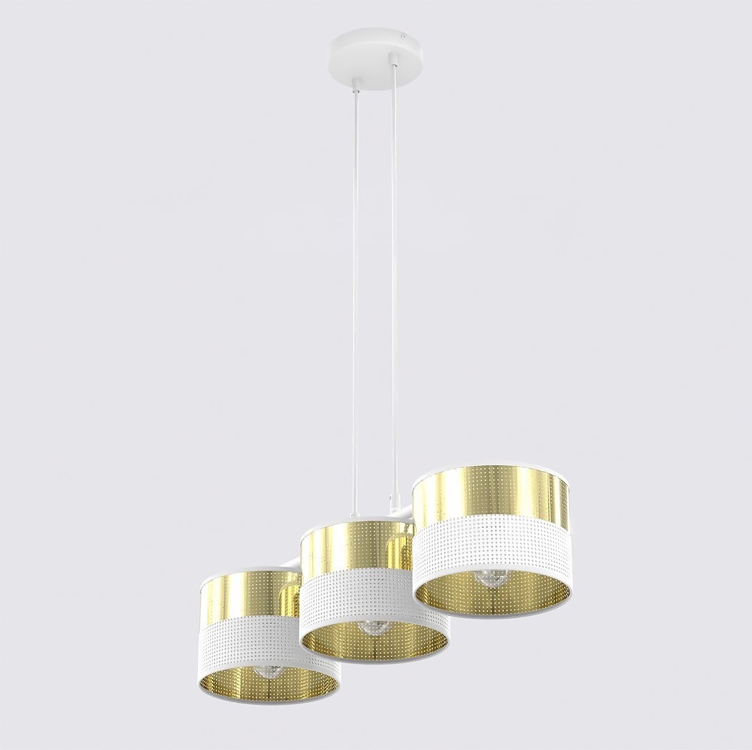 Lampa wisząca Lux 3xE27 w białym i złotym kolorze, z trzema okrągłymi kloszami z perforowanej białej i lśniącej złotej powierzchni. Ułożona w pionie, zawieszona na dwóch białych przewodach, z zamontowanym białym sufitem.