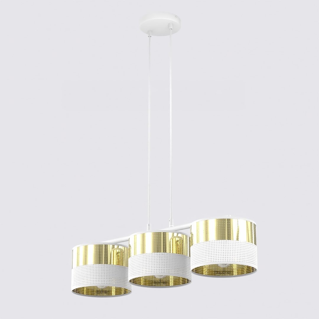 Lampa wisząca Lux z trzema kloszami E27 w kolorze białym i złotym. Klosze mają perforowaną fakturę, zawieszone na białych linkach. Całość montowana do sufitu, idealna do nowoczesnych wnętrz.
