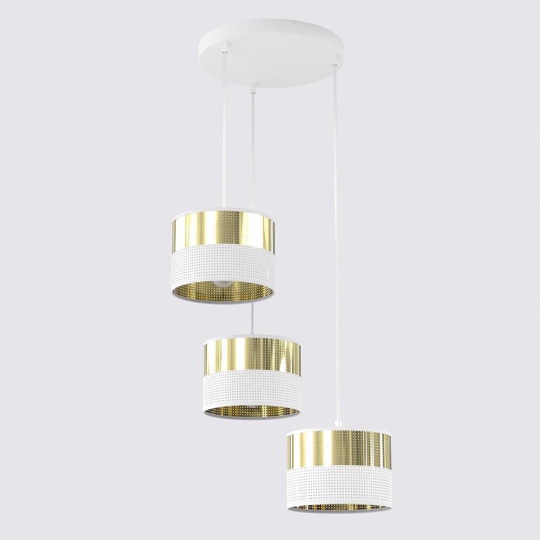Lampa wisząca Lux w kolorze białym i złotym, z trzema okrągłymi kloszami. Klosze mają perforowaną dolną część i gładką, metaliczną górę. Produkt zawieszony na białych linkach z okrągłym sufitem. Idealna do nowoczesnych wnętrz.