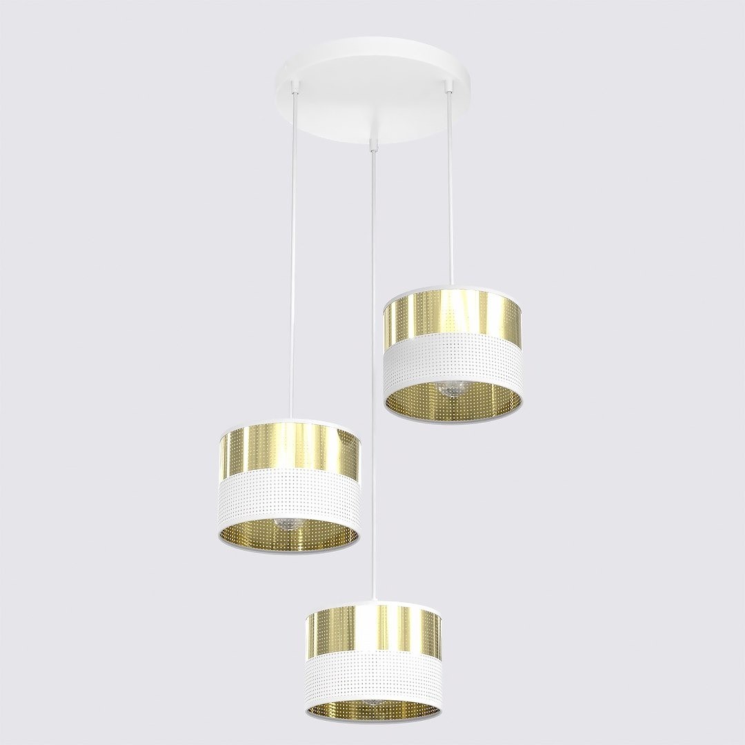 Lampa wisząca Lux z trzema abażurami w białym i złotym kolorze, z metalowymi, perforowanymi detalami. Ułożona w pionie, zawieszona na białym stelażu. Abażury cylindryczne, z białymi dolnymi częściami i złotymi górnymi.