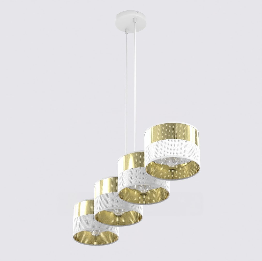 Lampa wisząca Lux z czterema oprawami E27. Białe klosze z perforowanego materiału z złotymi górnymi częściami. Ujęcie frontalne, zawieszona na białym przewodzie z sufitem. Idealna do nowoczesnych wnętrz.