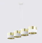 Lampa wisząca Lux 4xE27 w kolorze białym i złotym, składająca się z czterech cylindrycznych kloszy z perforacją, zawieszona na białym przewodzie. Klosze mają gładką, błyszczącą powierzchnię.