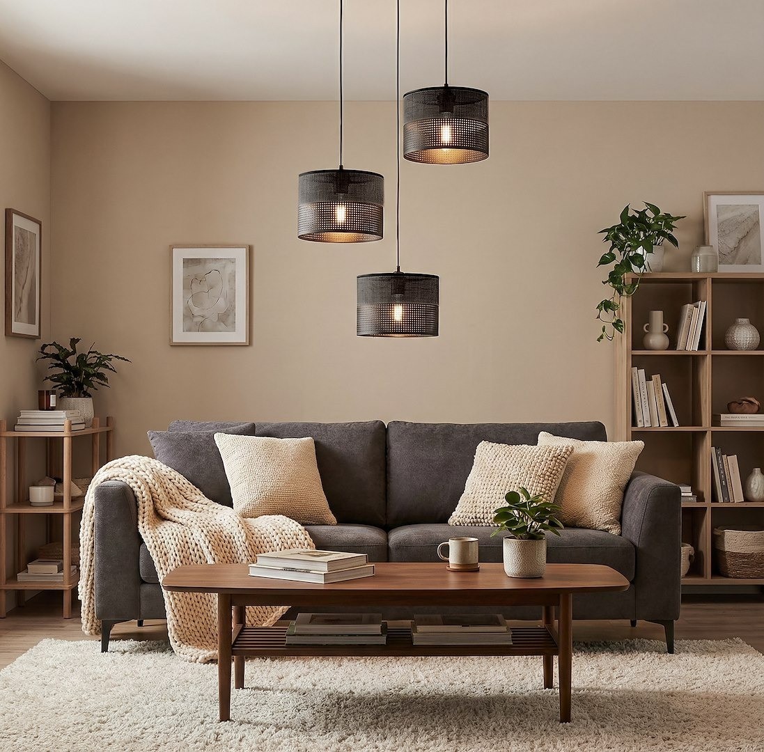 Lampa wisząca Karbon 3xE27 w kolorze czarnym, składająca się z trzech okrągłych kloszy z siatki, zawieszona na długich linkach. Umiejscowiona nad szarym narożnikiem, z ciepłym tłem w odcieniach beżu, w otoczeniu drewnianych mebli i roślin.