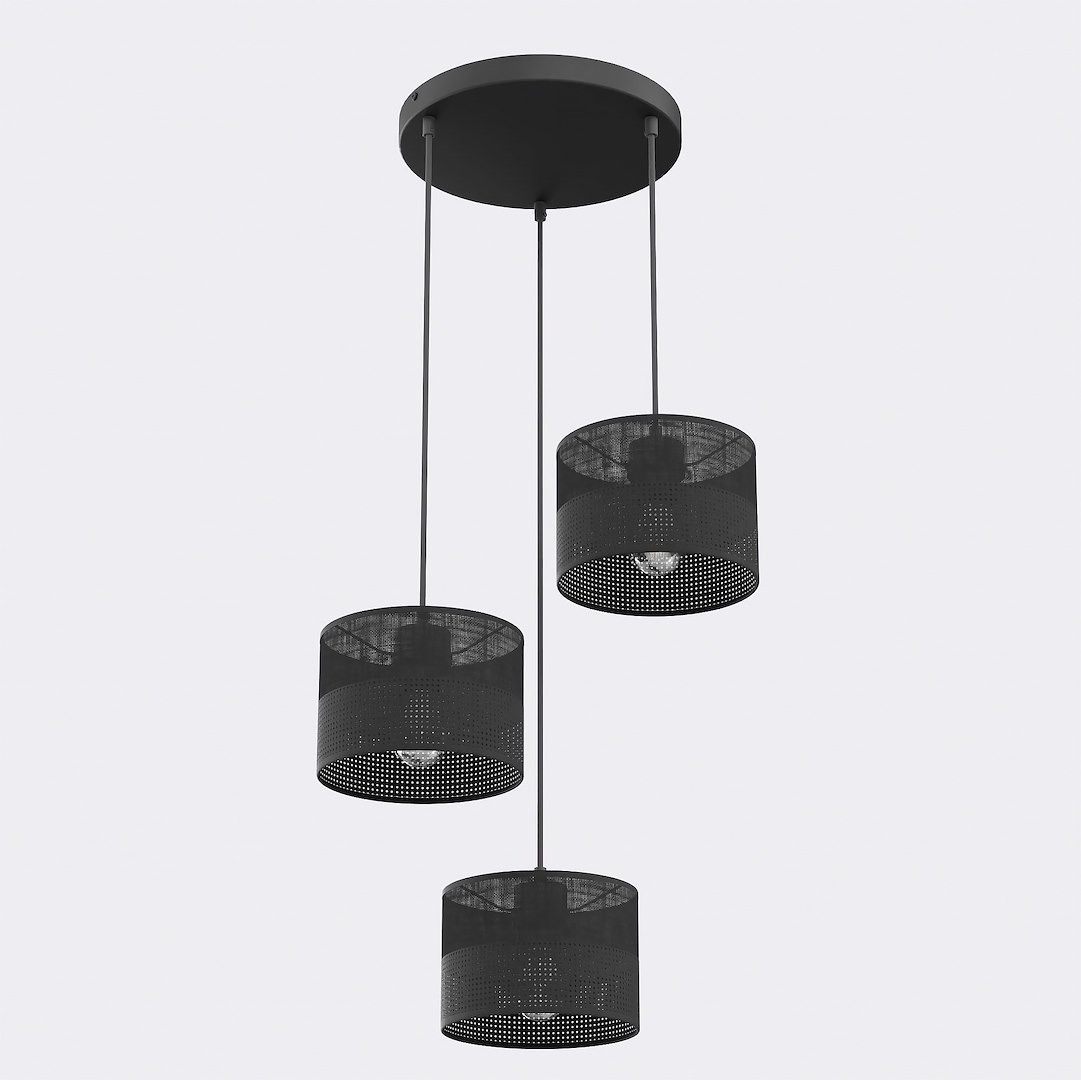 Lampa wisząca Karbon 3xE27 w kolorze czarnym z trzema kloszami o perforowanej strukturze. Zawieszona na długich linkach, montowana do sufitu. Prosty, nowoczesny design, idealna do różnych wnętrz.