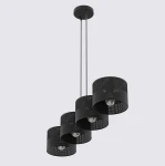 Czarna lampa wisząca Karbon z czterema kloszami E27, wykonana z perforowanego metalu. Ujęcie z góry, prezentujące klosze w równym rozstawieniu, zawieszone na cienkich linkach. Prosta konstrukcja, idealna do nowoczesnych wnętrz.