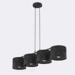 Czarna lampa wisząca Karbon z czterema kloszami E27, zawieszona na dwóch cienkich linkach. Klosze o cylindrycznym kształcie z perforowanym wzorem, montowane na prostokątnej bazie sufitowej. Prosta, nowoczesna konstrukcja.
