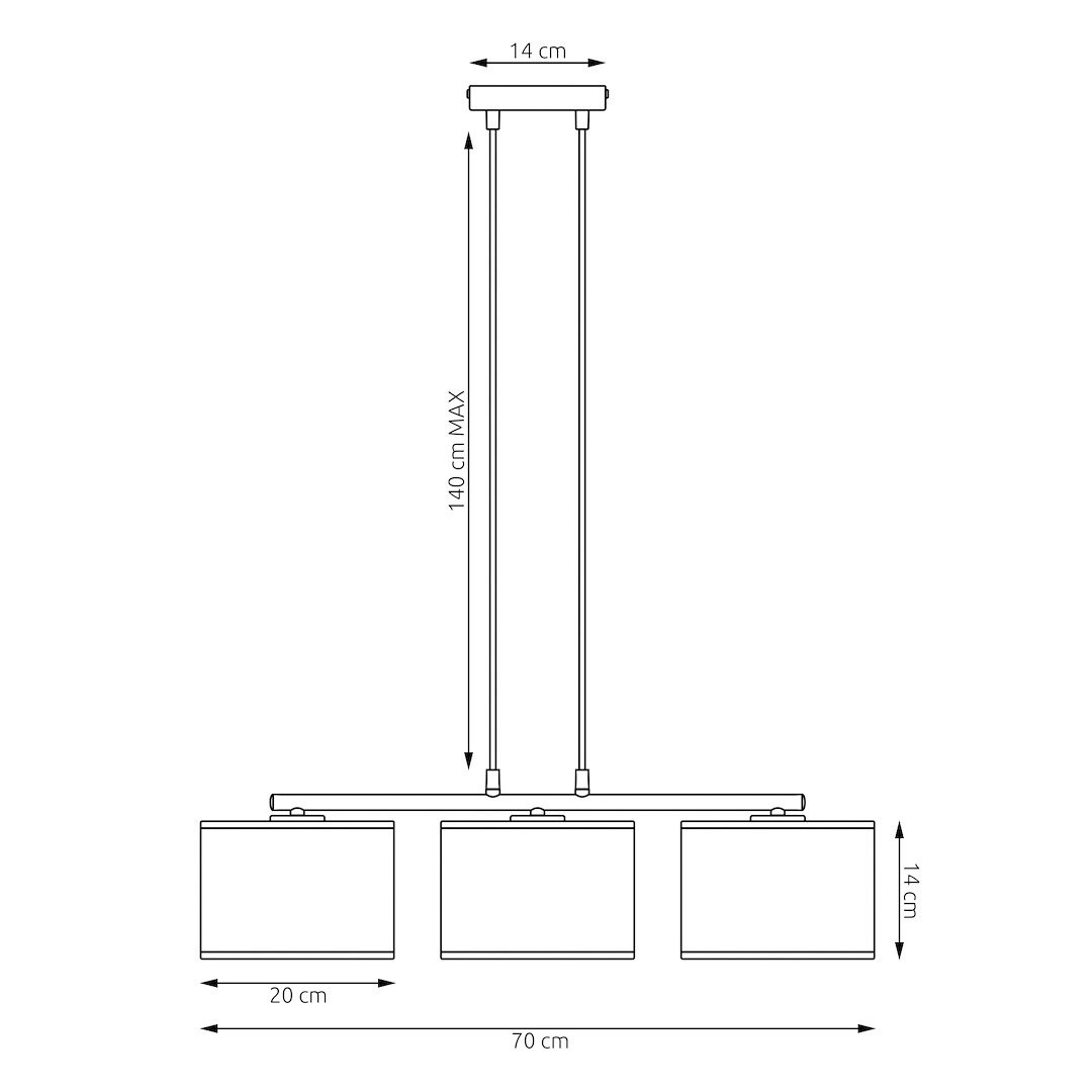 Lampa wisząca Karbon z trzema oprawami E27 w kolorze czarnym i brązowym. Prosta konstrukcja z metalową podsufitką, wymiary: długość 70 cm, wysokość maksymalna 140 cm, szerokość 14 cm, wysokość kloszy 14 cm, szerokość 20 cm.