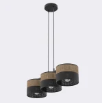 Lampa wisząca Karbon 3xE27 w kolorze czarnym i brązowym, z trzema cylindrycznymi kloszami z perforowanym wzorem. Zawieszona na dwóch cienkich linkach, montowana do sufitu. Idealna do nowoczesnych wnętrz.
