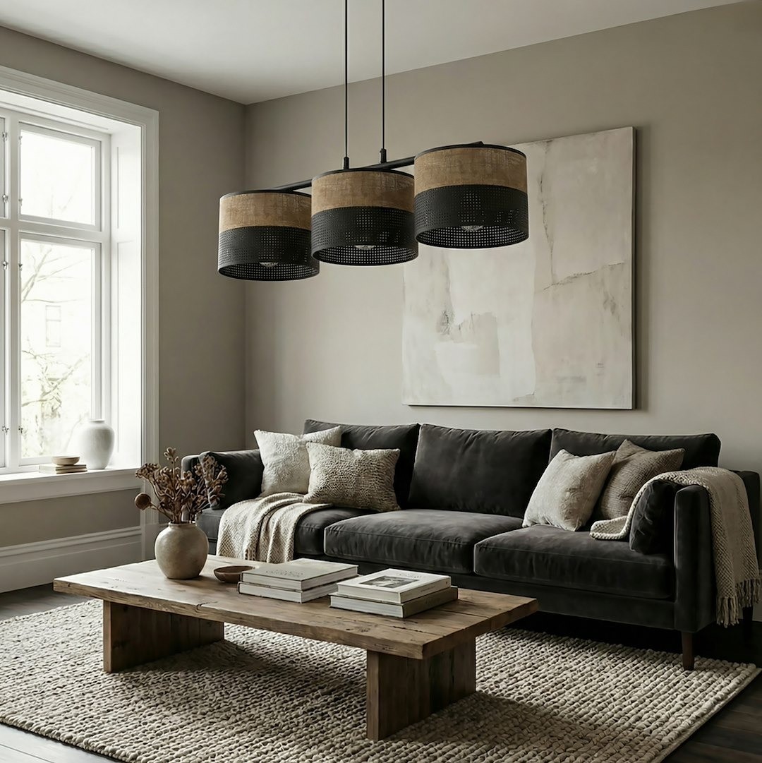 Lampa wisząca Karbon 3xE27 w odcieniach czerni i brązu z trzema okrągłymi kloszami, zawieszona nad drewnianym stołem w jasnym wnętrzu z szarymi ścianami i sofą. Klosze mają ażurowe wykończenie, co podkreśla ich stylowy design.