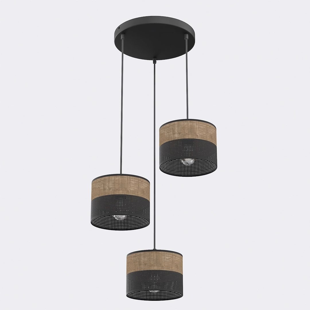 Lampa wisząca Karbon 3xE27 w kolorze czarnym i brązowym. Trzy cylindryczne klosze z materiału, z perforowanym wzorem, zawieszone na czarnych linkach. Urokliwy design, idealna do nowoczesnych wnętrz.