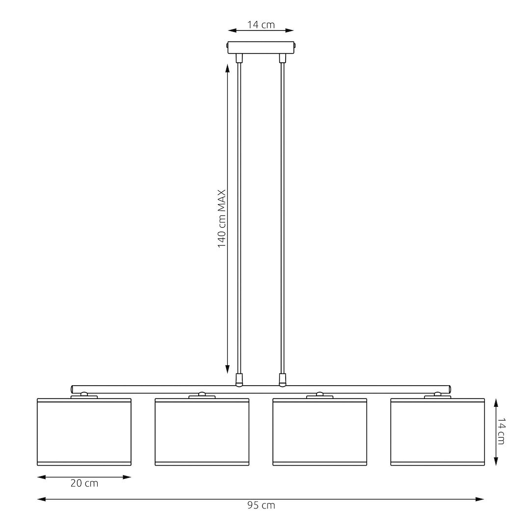 Lampa wisząca Karbon 4xE27 w kolorze czarnym i brązowym. Składa się z czterech prostokątnych kloszy o wymiarach 20 cm x 95 cm, zawieszonych na regulowanych przewodach. Szerokość podstawy to 14 cm, maksymalna wysokość to 140 cm.