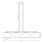 Lampa wisząca Karbon 4xE27 w kolorze czarnym i brązowym. Składa się z czterech prostokątnych kloszy o wymiarach 20 cm x 95 cm, zawieszonych na regulowanych przewodach. Szerokość podstawy to 14 cm, maksymalna wysokość to 140 cm.
